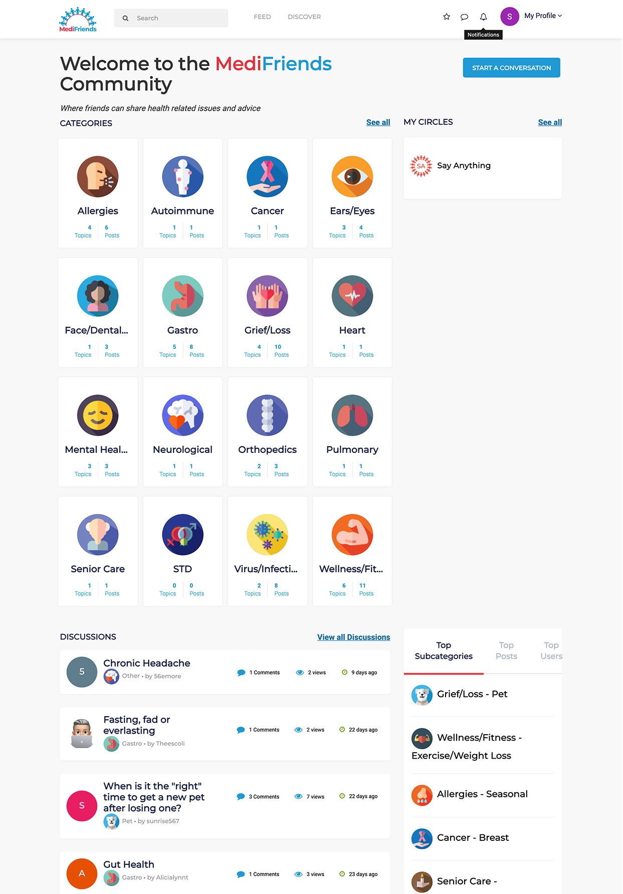 MediFriends old user home page